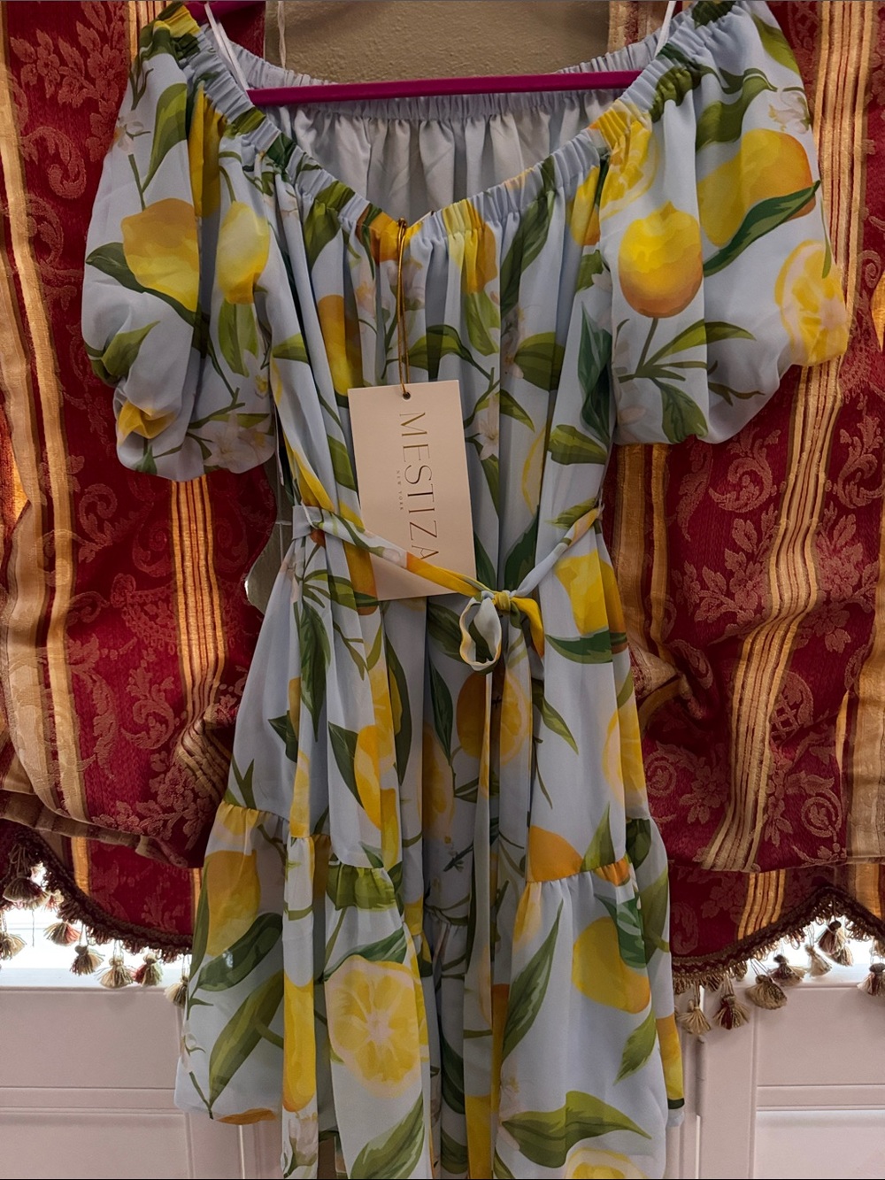 Mestiza Off-Shoulder Lemon Print Mini Dress in Yellow and Light Blue - Picture 5 of 6